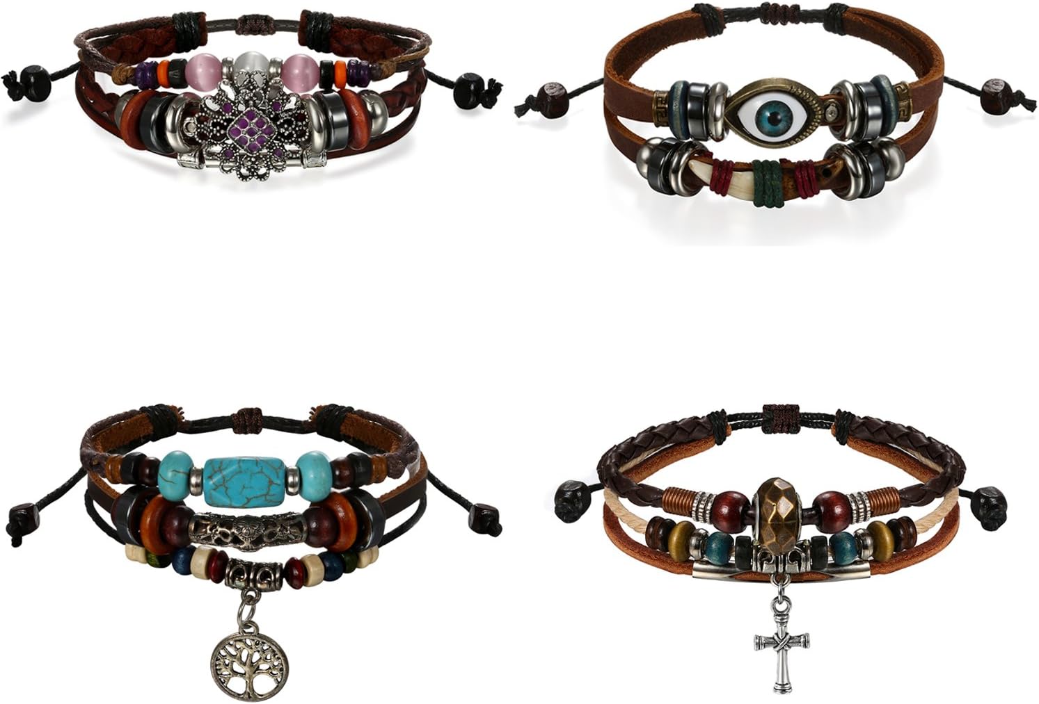 Aroncent 4Pcs Handmade Tribal Adjustable Multi Strand Leather Bracelet Fashion Accessory