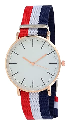 DAIZEL� Round Dial Premium Quality Series Analogue White Dial White/Blue/Red Fabric Strape Fashion Wrist Watch for Men & Boys | RZ-DW-WBR