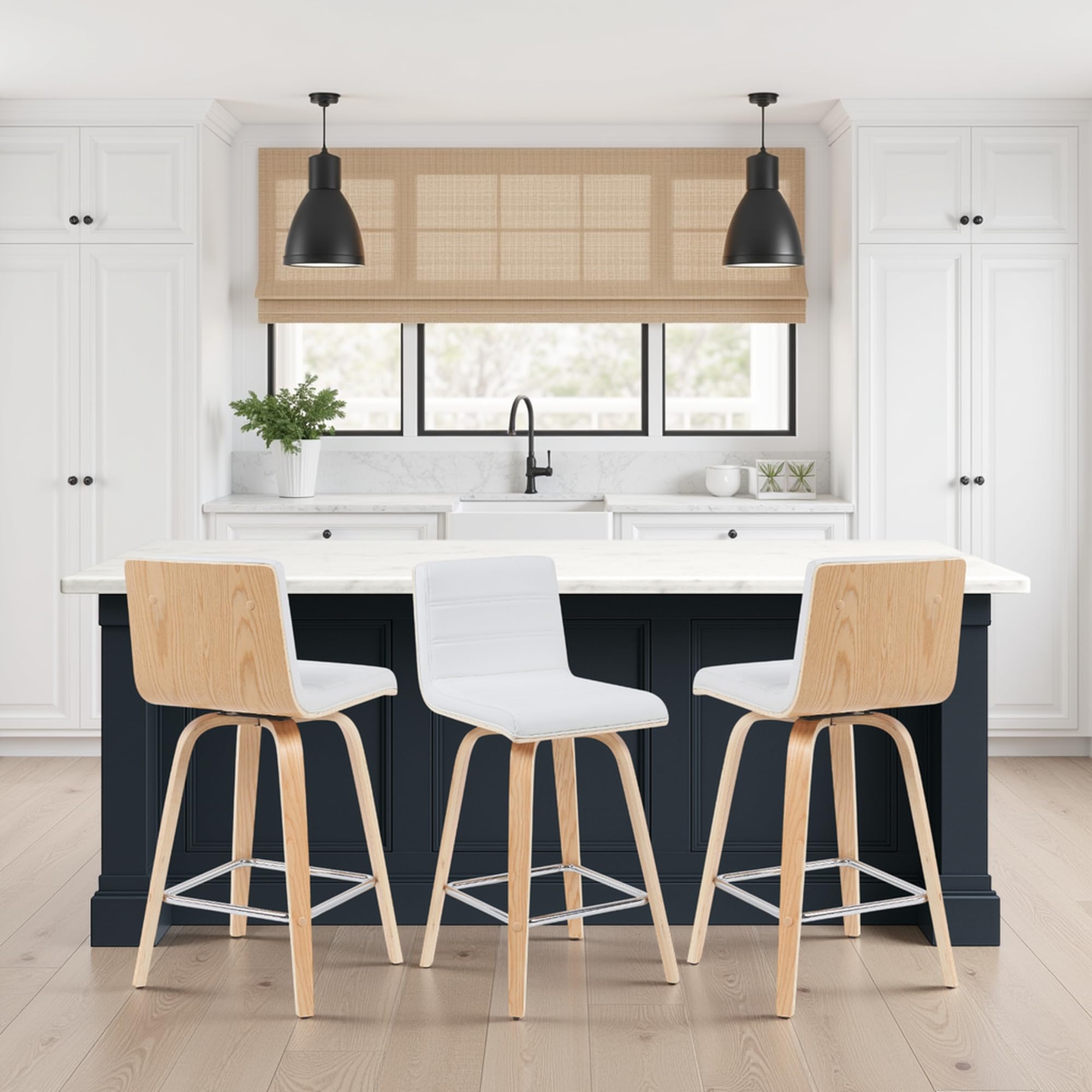 Photo 1 of ***PARTIAL SET - PRICE ADJUSTED***
Vienna Modern Counter Height Swivel Bar Stool with White Faux Leather Seat and Patterned Oak Wood Frame Set of 4