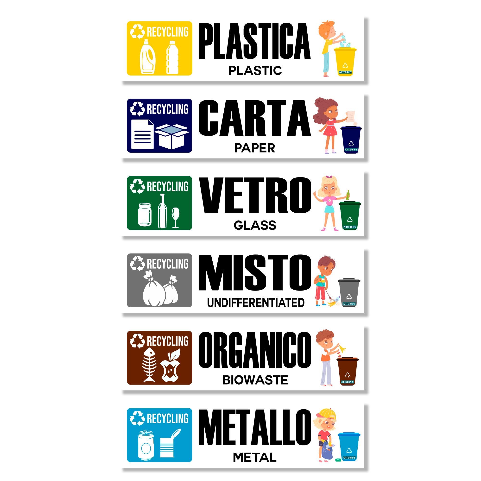Arterby's® - Stickers Collection Differentiated - Large Children Small Recycling Waste Garbage v6 - Waterproof Washable Exterior Interior - Italian English - Conform UNI (15x4cm, 6 Pieces)