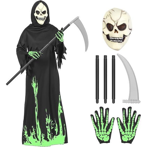 Kids Grim Reaper Halloween Costume – Skeleton Gloves & Hooded Robe Set