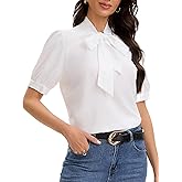 MISMI Women's Bow Tie Knot Mock Neck Short Sleeve Button Down Shirts Dressy Casual Office Work Blouses Tops