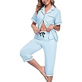 COLORFULLEAF Womens Cotton Pajama Sets Short Sleeve Button Down Sleepwear Summer Capri Pants Pjs with Pockets