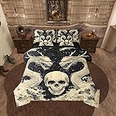 Erosebridal Gothic Dragon Bedding Set Full Size 7 Pcs,Sugar Skull Bed in a Bag with Flat Fitted Sheet,Dragon Scale Ancient Animal Comforter Set with Pillowcase and Sham,Ocean Wave Bed Sheets Set