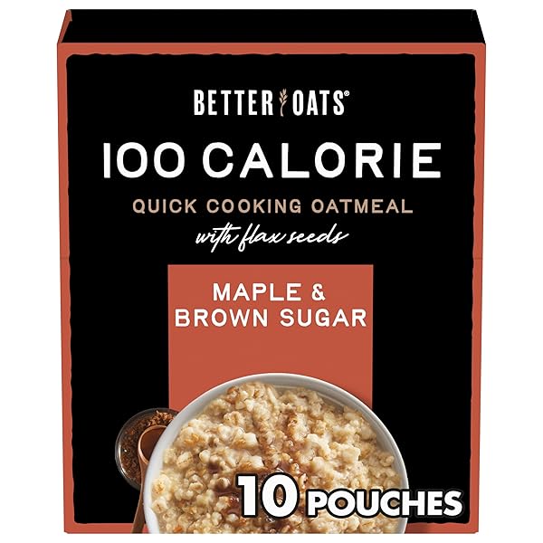 BETTER OATS 100 CALORIE MAPLE AND BROWN SUGAR OATMEAL PACKETS, 100 CALORIE OATMEAL POUCHES, 90 SECOND INSTANT OATMEAL WITH FLAX SEEDS AND ROLLED OATS, PACK OF 10, 9.8 OZ PACK
