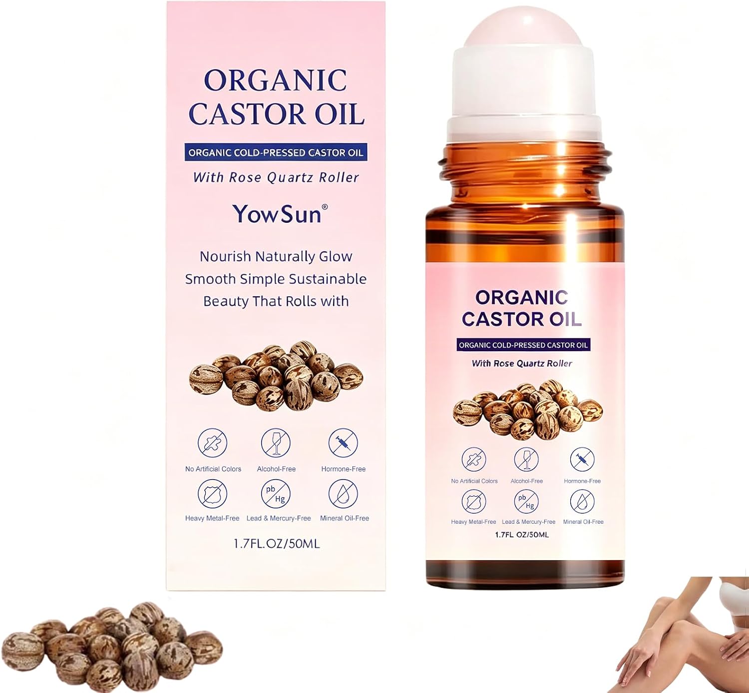 Organic Castor Oil, Pure Organic Cold-Pressed Castor Essential Oil Roller Ball for Skin Nourish, Suitable for All Skin Types (1 PCS)