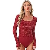 Allegra K Party Bodysuits for Women's Metallic Shiny Dots Square Neck Long Sleeve Top