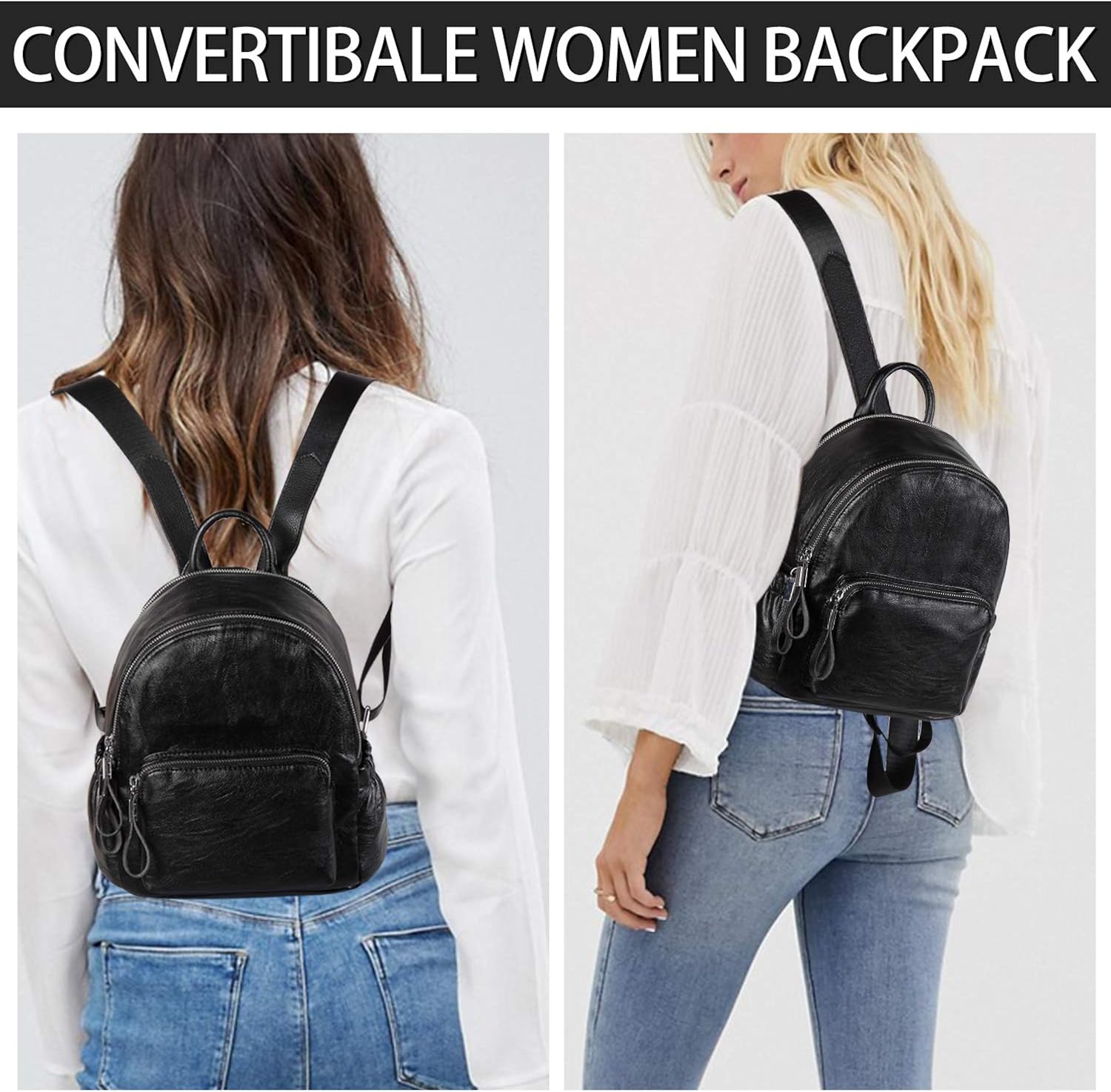 VASCHY Women's Backpack, Mini Backpack PU Leather Waterproof Fashion Small Casual Backpack Travel Backpack, Black, S, Backpacks - Image 3