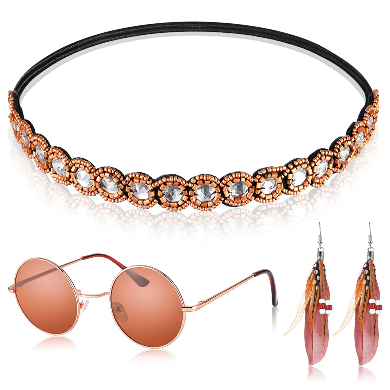 Weewooday 4 Pcs 70s Accessories for Women Hippie Costume Set Bohemian Party Dressing Includes Glasses Headband Earrings for 60s(Bronze Style)