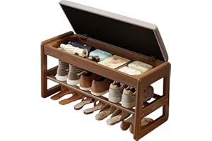 KASLANDI Shoe Storage Bench with Cushion,2 Tiers Shoe Bench with Flip-Open Storage Box, Wood Entryway Bench for Hallway, Mudroom（Walnut 2-Tier,31.5"）