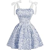 Milumia Women's Floral Tie Shoulder Cami Dress Lace Up Side Vintage Flared Short Dresses