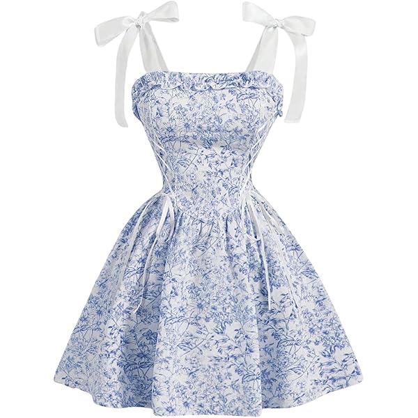 floral print sweetheart neck lace up backless ruffle trim dress SHEIN Belle Floral Print Sweetheart Neck Lace Up Backless Ruffle Trim Dress,Tea Party Dress,Summer Dresses For Women