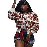 BQDCQB Womens Cropped Floral Print Jacket Warm Fleece Bomber Jacket Casual Button Down Coats Fall Puff Outerwears