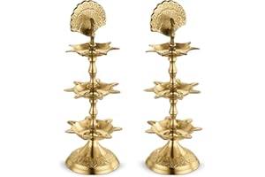 Avador Handmade Brass Indian Puja Oil Lamp, Golden Diya Lamp Engraved Design Diya for Diwali Pooja (PanchMahal Set of 2)