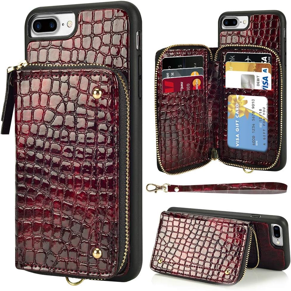 LAMEEKU Wallet Case for iPhone 7 Plus / 8 Plus, Zipper Stone Grain Leather Case with Credit Card Holder Slot Wrist Strap, Shockproof Absorption Cover Case for iPhone 7 Plus / 8 Plus 5.5'' - Wine Red
