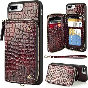 LAMEEKU Wallet Case for iPhone 7 Plus / 8 Plus, Zipper Stone Grain Leather Case with Credit Card Holder Slot Wrist Strap, Shockproof Absorption Cover Case for iPhone 7 Plus / 8 Plus 5.5'' - Wine Red