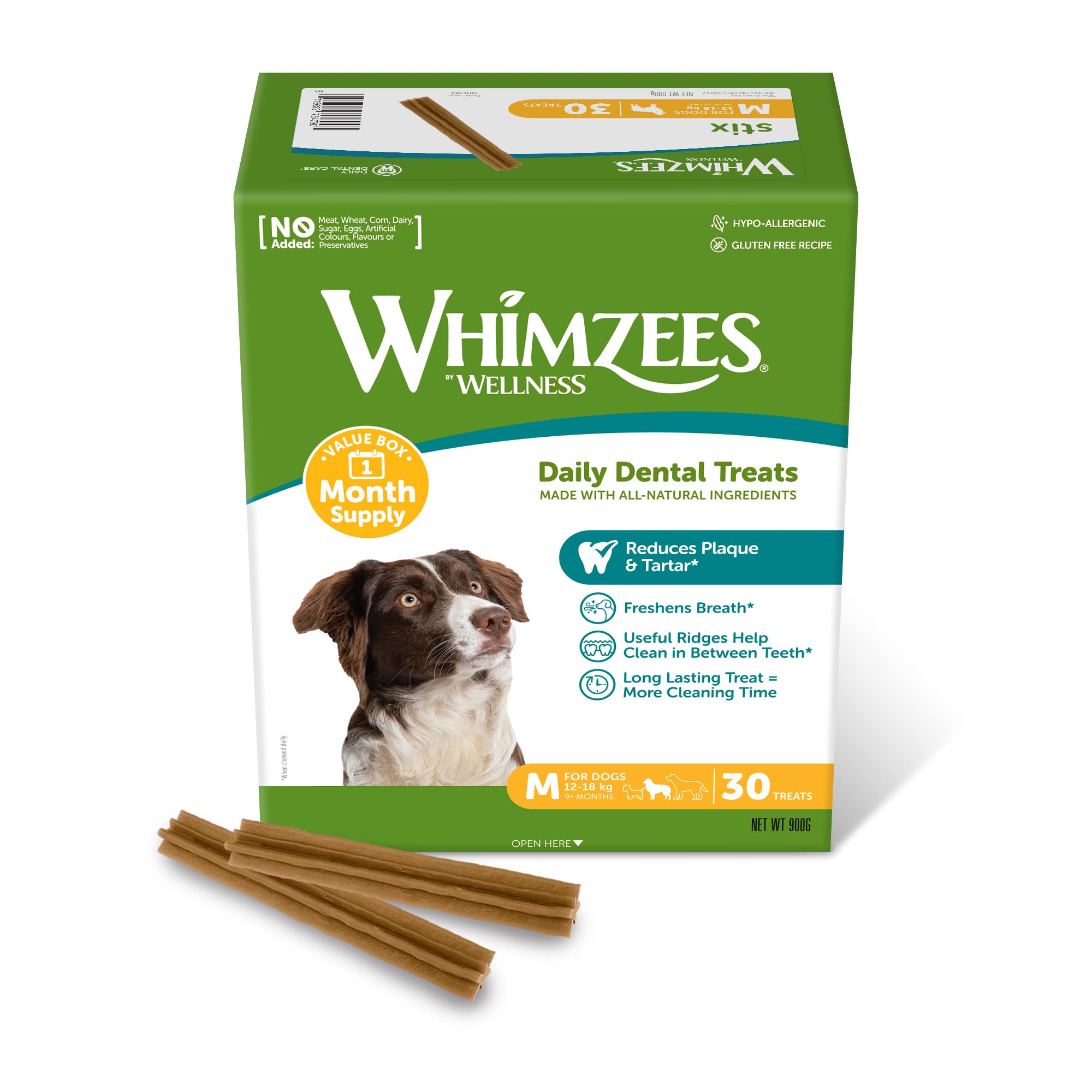 WHIMZEES Stix M, Month Box, 30 Pieces – Dog Dental Stix, Size M, Dog Dental Sticks for Medium Breeds, Natural and Grain Free, Rawhide-Free, Vegetarian, No Added Sugar