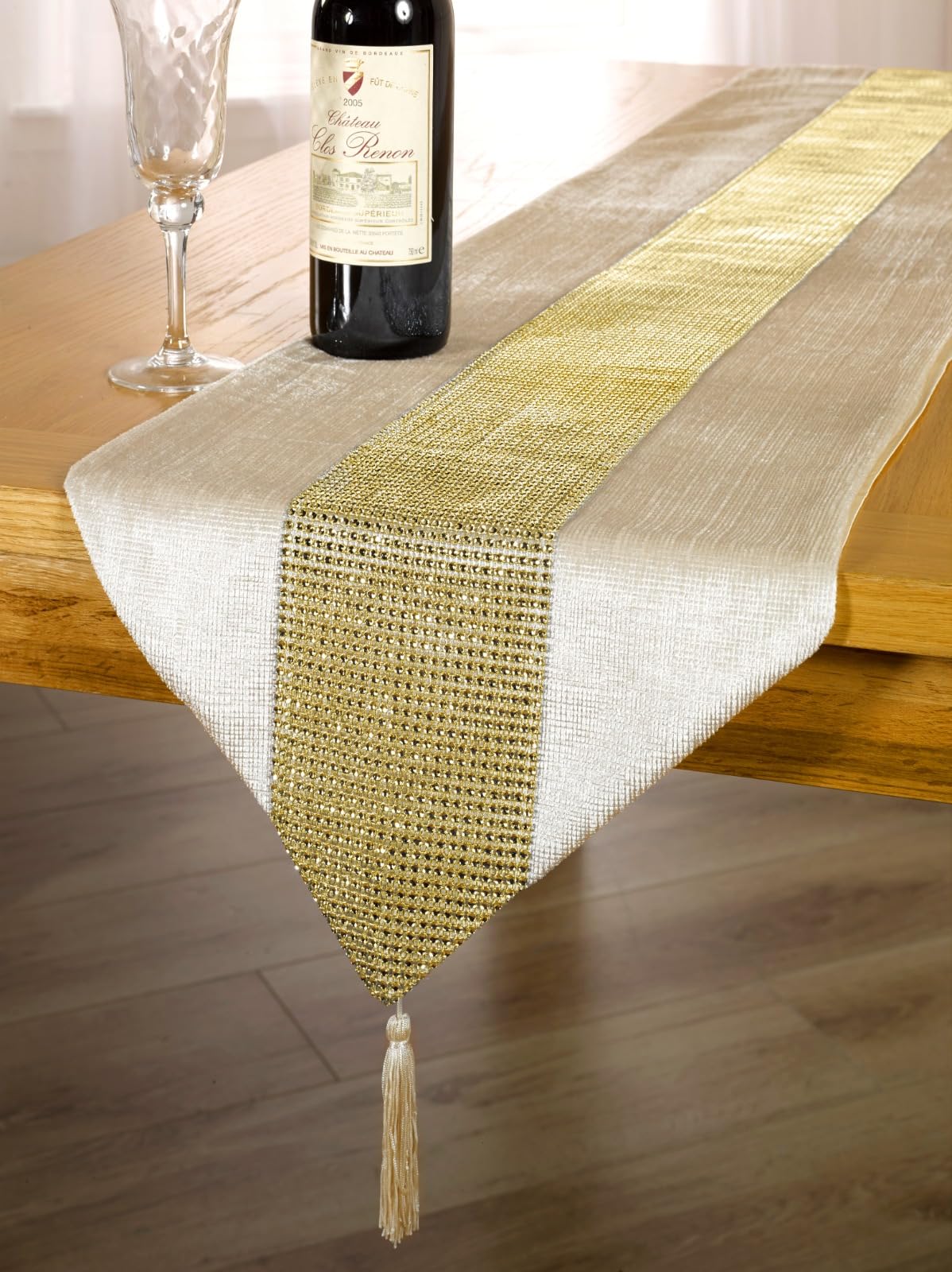 Emma Barclay Eclat Diamante Sparkle Tasseled Runner (Mink & Gold, 13x90" (33x228cm))