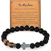 Fahonie Mens Cross Bead Bracelet, Black Onyx Beads Cross Charm Bracelet Faith Religious Christian Christmas Jewelry Gift for Men, Brothers & Sons Ideal Gift
