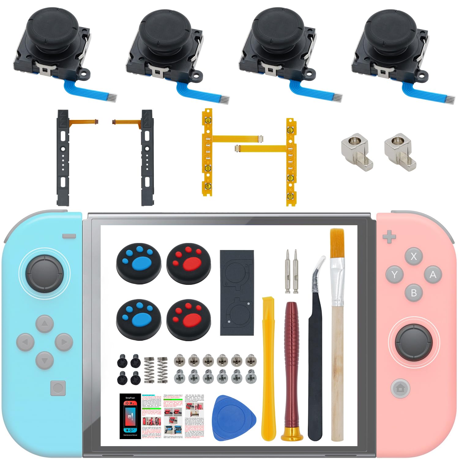 Photo 1 of *INCOMPLETE** Joycon Joystick Replacement Repair Kit 8 Pack, SmaFsan for Fix Drift Nintendo Switch Joy-Con Controller for Switch Lite Joystick Parts Replacement Left/Right Analog Thumb Stick, Metal Latch+Handle wir