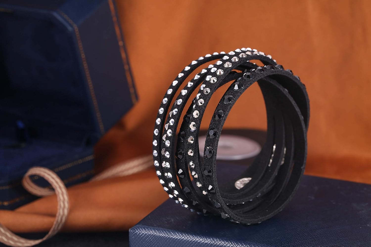 Barzel Leather Created Austrian Crystals Wrap Bracelets (Grey with Black & White Stones): Clothing