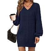 Saodimallsu Womens Oversized Mini Sweater Dress Casual V Neck Cable Knit Long Lantern Sleeve Fall Tunic Pullover Sweaters