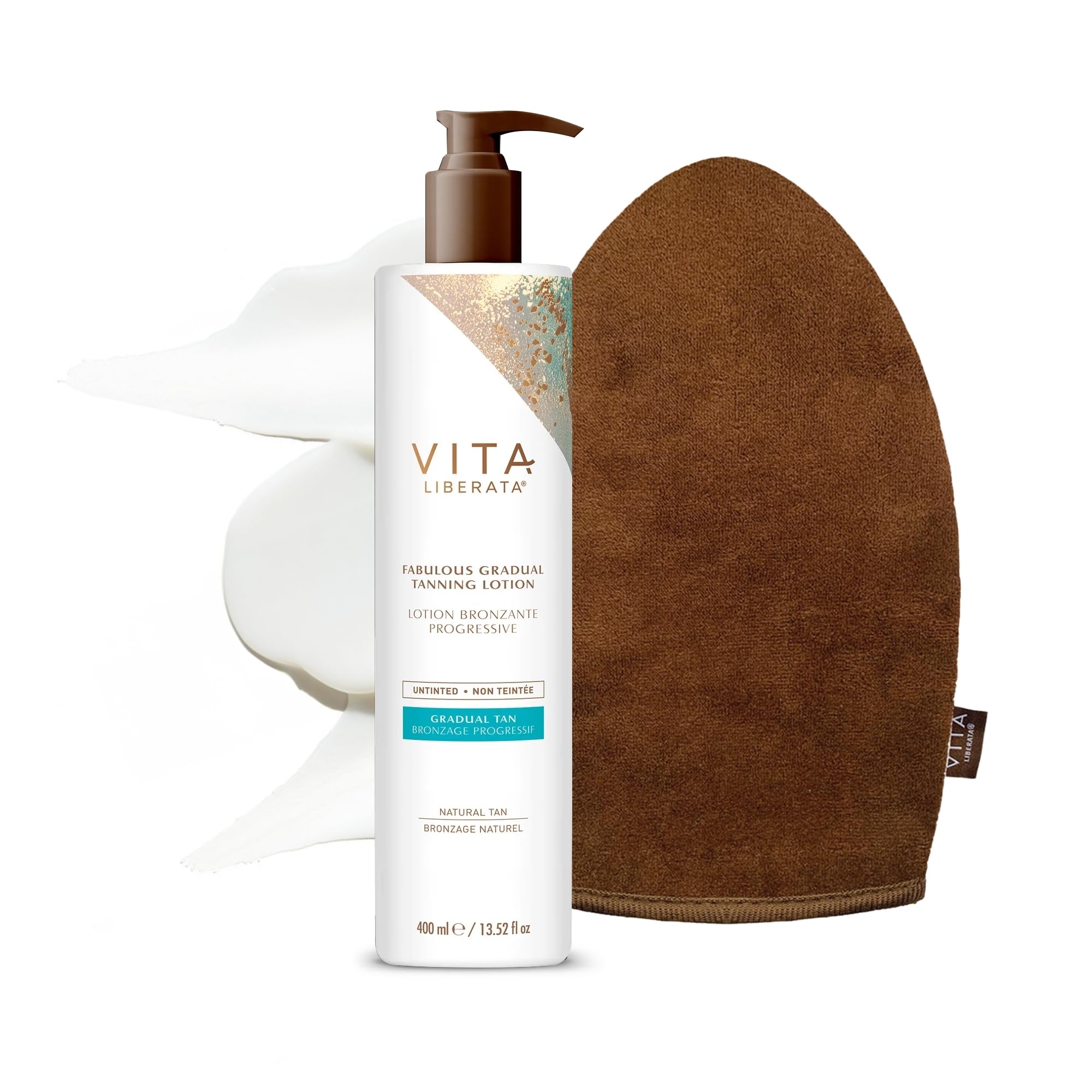 VITA LIBERATA, Fabulous Gradual Tanning Lotion 400ml & Dual Sided Self Tanner Mitt, Super Hydrating Hyaluronic Acid, Designed for Face & Body, Buildable Formula, Streak Free, Lasting Finish