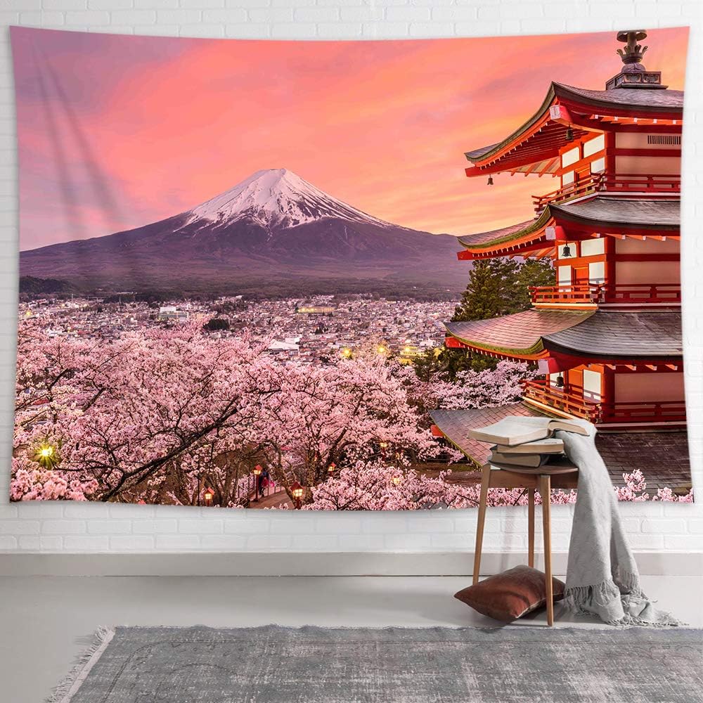NYMB Pink Decor Japanese Tapestry Wall Hanging Japan Pagoda Mountain