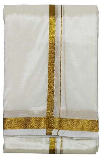 Men's Art Silk 1-inch Gold Zari Border Dhoti (Off-White, Free Size)