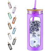 Kodrine 20oz Glass Tumbler with Straw and Lid, Iced Coffee Cups with Bamboo Lids, Glass Cups for Cold Drinks, Smoothie Cup with Silicone Sleeve for Travel, Work, BPA FREE-DarkPurple