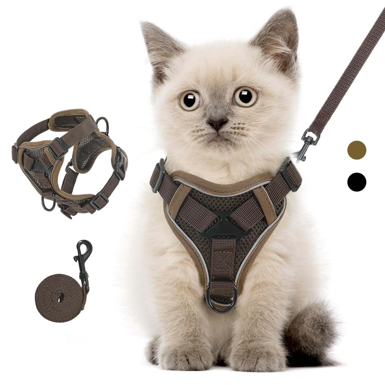 VavoPaw Cat Harness and Leash Set for Walking, Adjustable Kitten Vest Harness with Reflective Strip Breathable Mesh, Escape Proof Soft Pet Safety Vest for Cats, Kittens, Puppies, S Coffee