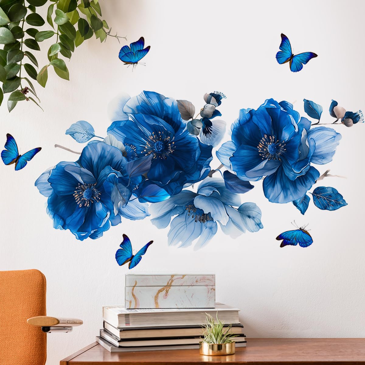 Runtoo Blue Flowers Wall Decals Butterfly Watercolor Floral Wall Stickers for Bedroom Living Room Bathroom Home Decor