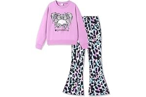 Jrbybazy Girls Clothes Outfits Crewneck Cute Print Sweatshirt Top and Leopard Stars Flared Pants