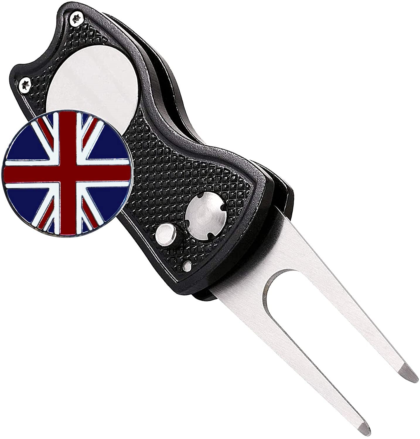 FINGER TEN Golf Divot Repair Tool with Ball Marker Value Pack, Stainless Steel Magnetic Marker Color Red Blue Black Foldable Portable Gifts for Men Women Golfer (Black Cat-1 Pack)