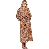 COTSILER Cotton Block Print Kimono Robe for Women Long Bathrobe with Belt & Pockets For Summer Lightweight Nightwear,Cover-Up