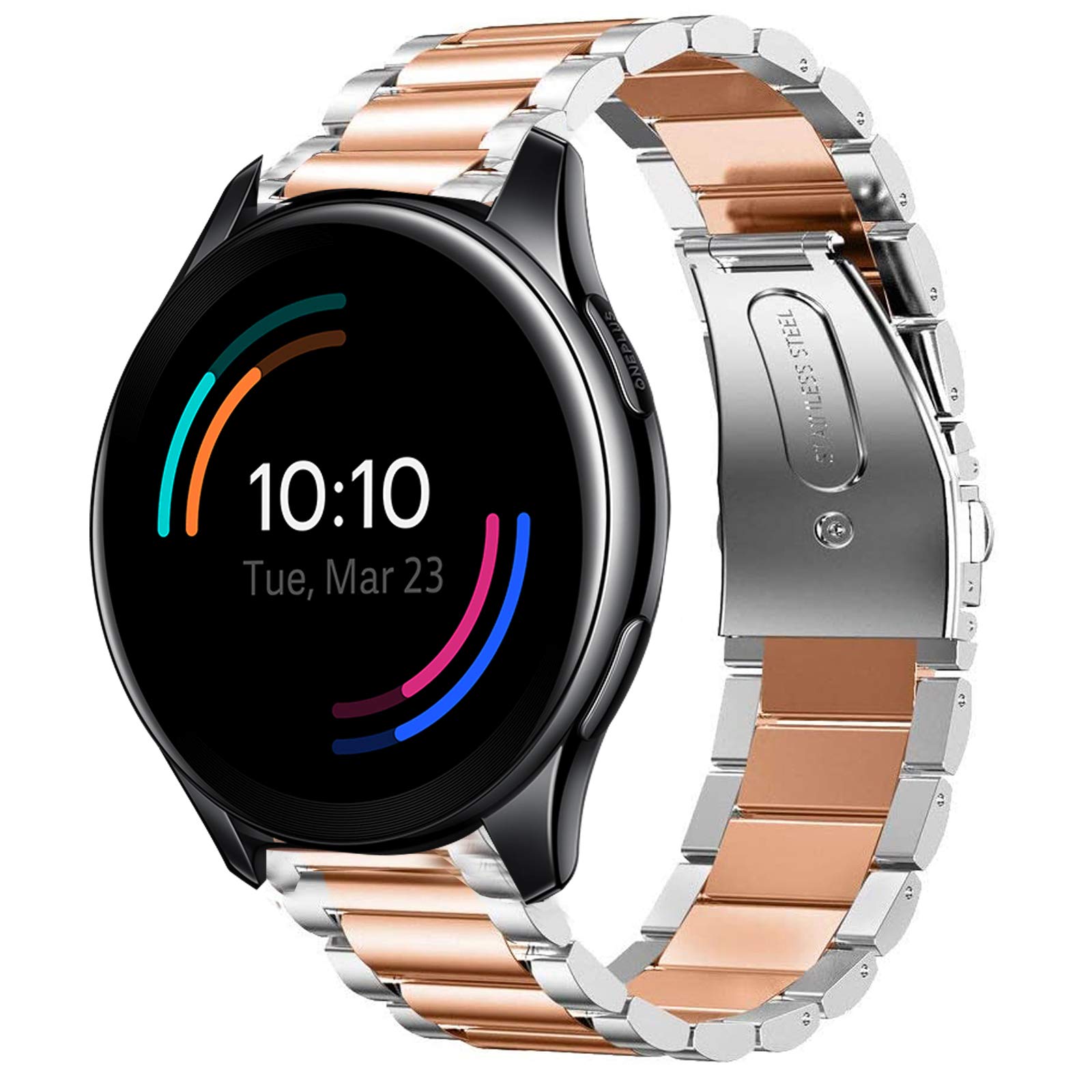 Giaogor Compatible with OnePlus Watch Bands, Stainless Steel Metal Replacement Strap Bracelet Compatible with OnePlus Watch (Silver-Rose Gold)