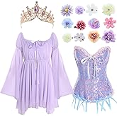 Foaincore 4 Pcs Purple Princess Costume Set Long Sleeve Dress Corset Top Diamond Tiaras Crown Flower Hair Clips Accessories