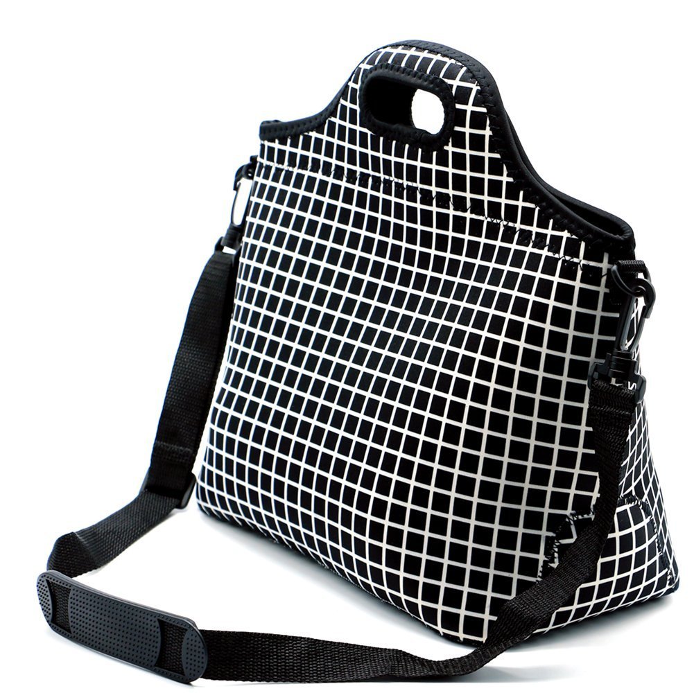 Case Wonder Lunch Bags,Neoprene Lunch Tote,Insulated Large Cooler Lunch Bag,Reusable Washable Lunch Box with Shoulder Strap for Men/Women/Picnic/Work/School(Black Grid L)
