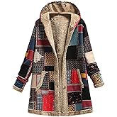 Akivide Women's Winter Ethnic Style Patchwork Sherpa Fleece Lined Hooded Jacket Plus Size Fluffy Warm Outwear with Pockets
