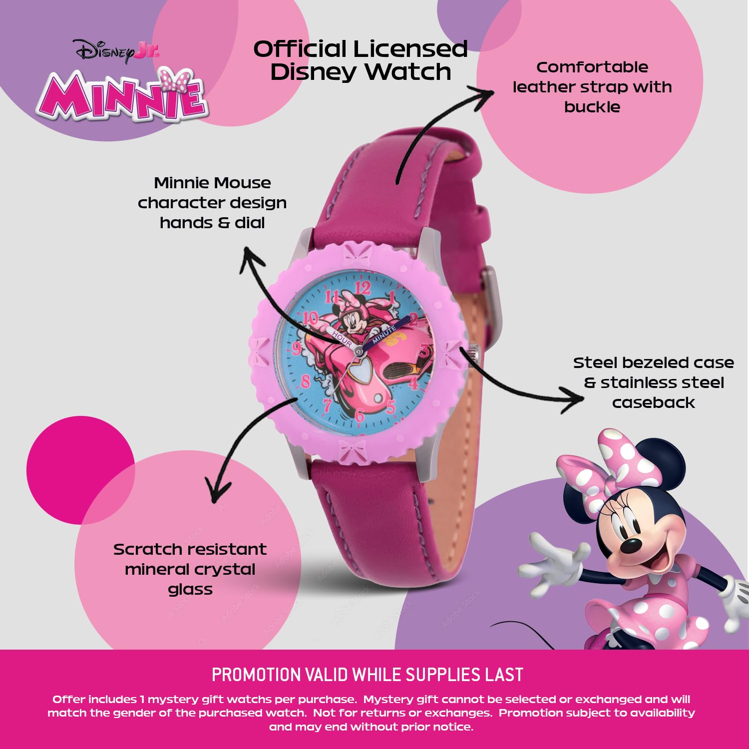 Disney Minnie Mouse Watch for Ages 3–7 with Bold Dial – Gift for Kids Who Love Minnie Toys – Pink Bezel and Pink Leather Strap – Buy and GET 1 Free Mystery Watch
