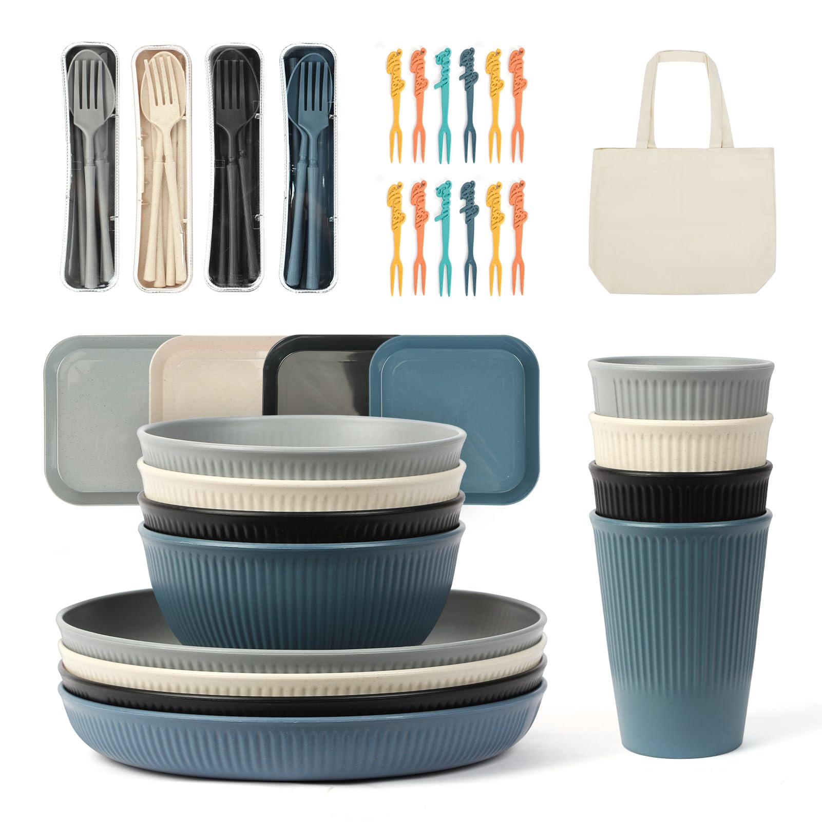 ZgoEC 49pcs Camping Cutlery Set for 4 People, Unbreakable Camping Dinner Set for 4, Lightweight Plastic Dinner Set, Camping Plates and Bowls Set with Carry Bag, Picnic Tableware Set for BBQ Garden