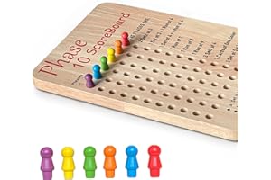 Tuiiopoli Score Board for Phase 10, Thicken Real Quailty Hardwood Oak Scoreboard with 6 Colored Pegs Wooden Score Sheets Tracker Board Party Family Night Oak Accessories Board