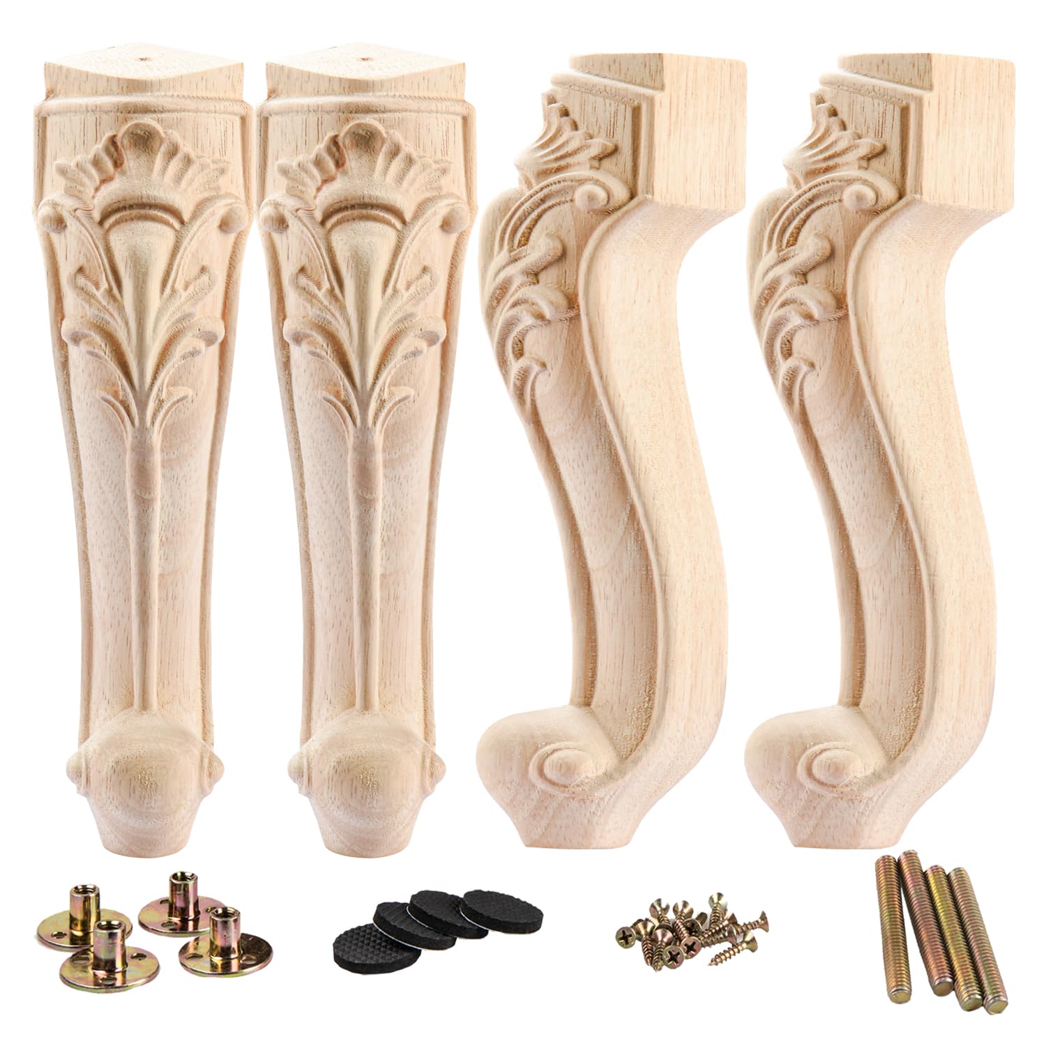 La Vane 14 inch / 35cm Wooden Furniture Legs, Set of 4 European Style Solid Wood Carving Unfinished Furniture Replacement Feet Decoration for Sofa Cabinet Wardrobe Table Loveseat