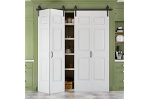 JUJUBON 48" x 84" Paintable Bifold Barn Door, No Assembly Required, 6 Panels Bi-Fold Sliding Closet Doors with Hardware Kit Included, 52" Track Kit for 4 Doors, Pre-Drilled Holes, White