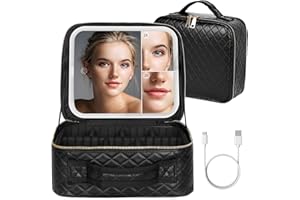 MAYFIY Makeup Bag with LED Mirror, Makeup Organizer Train Case with 1X,2X,3X Vanity Mirror, Adjustable Brightness in 3 Color Settings, Portable Make up Bag with Brush Holder & Storage Dividers, Black