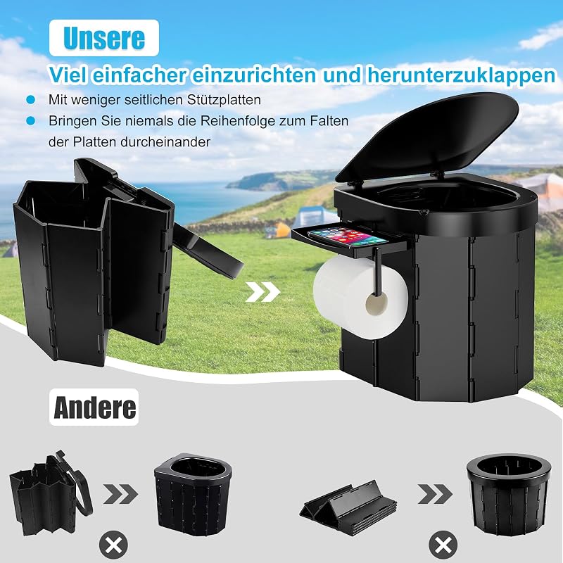 Campingtoilette Mobile Toilette Reisetoilette, Tragbare Toilette für drinnen und draußen belastbar bis zu 180kg, Falttoilette mit Beutel und Papierhalter, Camping Klo für Camping Reisen Notfall