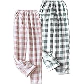 Wyeysyt 2 Pack Womens Plaid Fluffy Pajama Pants Fuzzy Fleece Lounge Pants Elastic Waist Wide Leg Pants with Pocket Pj Bottoms