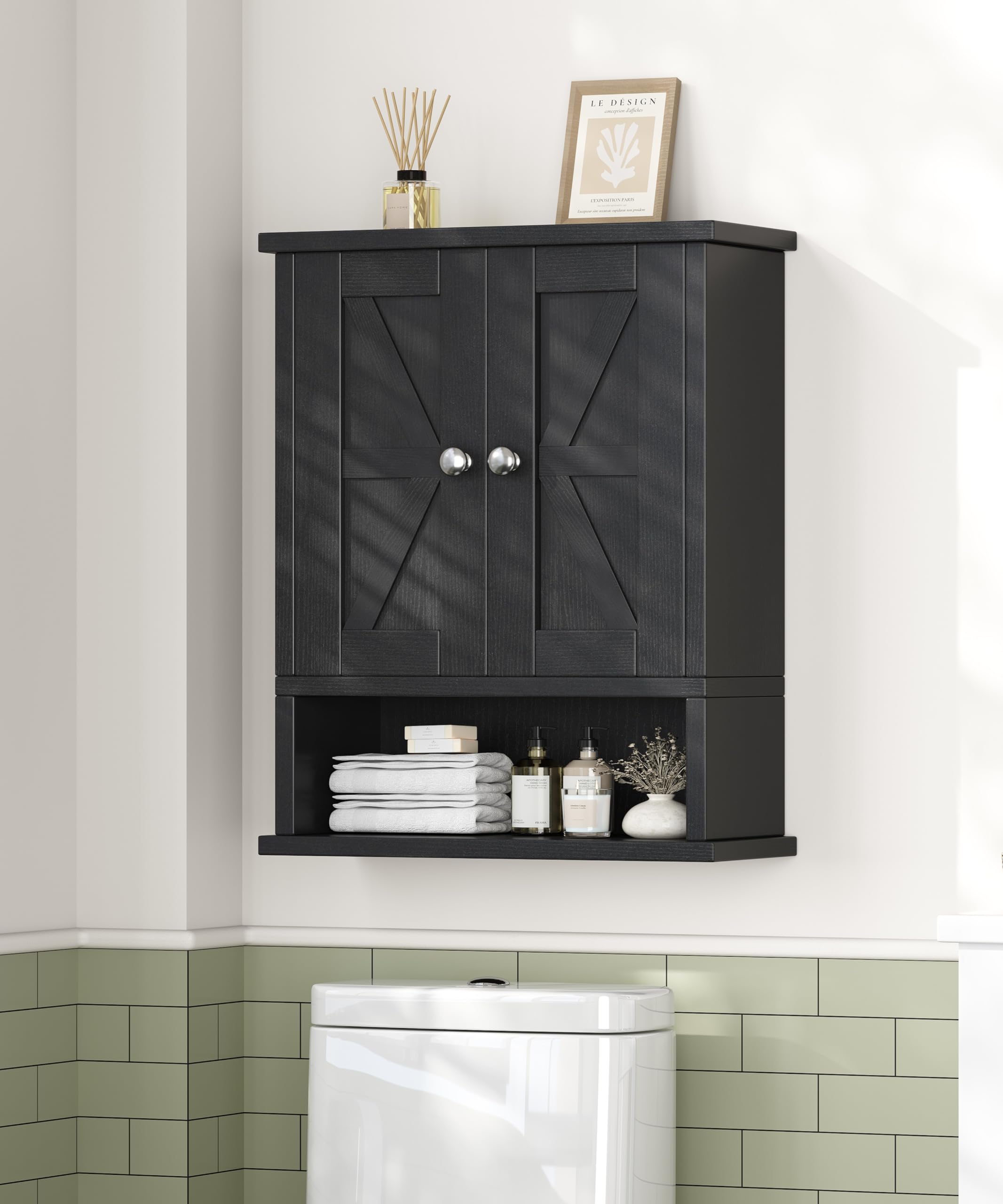 Photo 1 of ***(PARTS ONLY/ MISSING PARTS/ NON FUNCTIONAL)***Reettic Farmhouse Medicine Cabinet with 2 Barn Doors, Bathroom Cabinet Wall Mount with Adjustable Shelf, Over The Toilet Storage for Bathroom, Living Room, Kitchen, Black BMGZ118B