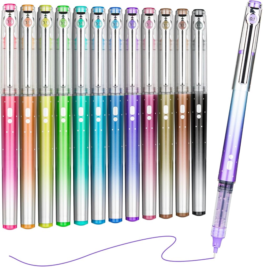 KERIFI Liquid Ink Rollerball Pens 12 Coloured 0.5mm Quick Dry Smooth Writing