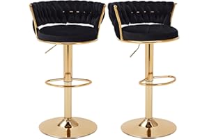 VECELO Bar Stools Set of 2, Adjustable Barstools Counter Height Stools with Back and Arm, Velvet Woven Kitchen Island Stools w/Gold Metal Leg & Base, 360° Swivel Bar Chair for Pubs Dining Room, Black